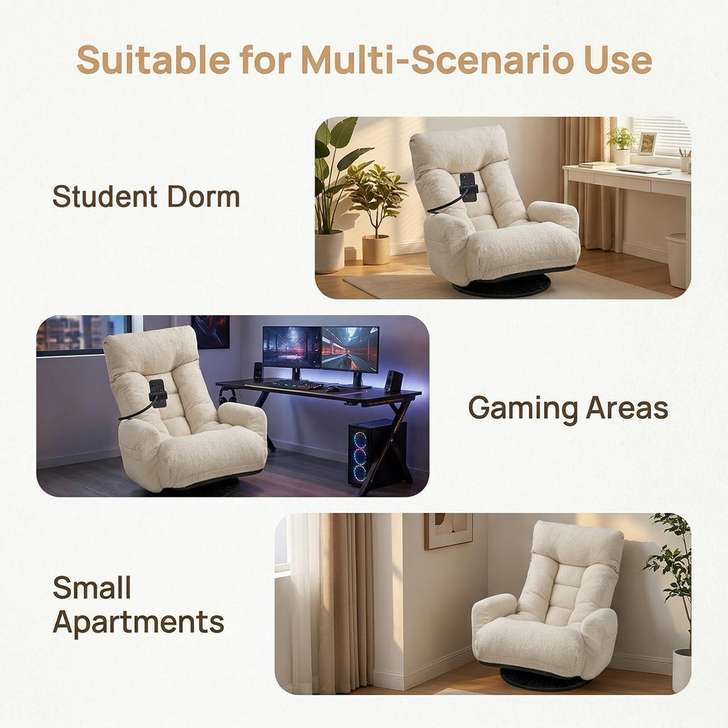 Cozy Gaming Chair Floor Sofa, 360° Swivel Gaming Lounge Chair with Adjustable Backrest & Armrests, Game Chair w/Phone Holder & Side Pocket, Teddy Fluffy Recliner for Bedroom Living Room Dorm (Beige)
