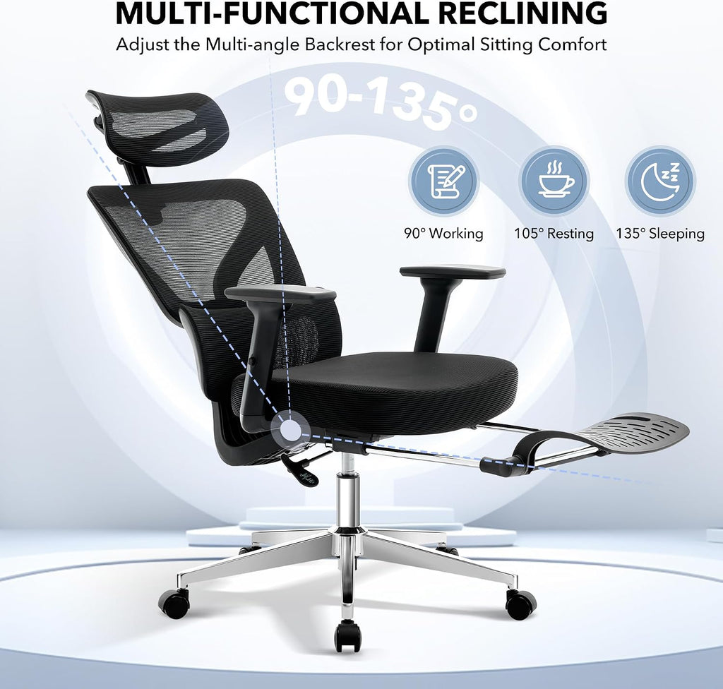 Office Chair Ergonomic Desk Chair - Home Mesh Chair with Adjustable Footrest Lumbar Support, High-Back Computer Gaming Chair with Headrest 3D Armrests, Rolling Swivel Task Chairs for Home, Office