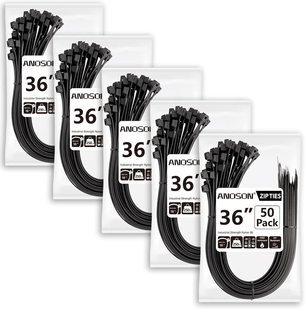 Large Zip Ties 36 inch (250 Pack), Long Zip Ties Heavy Duty with 250 lb Tensile Strength, Big Cable Ties, Black, by ANOSON