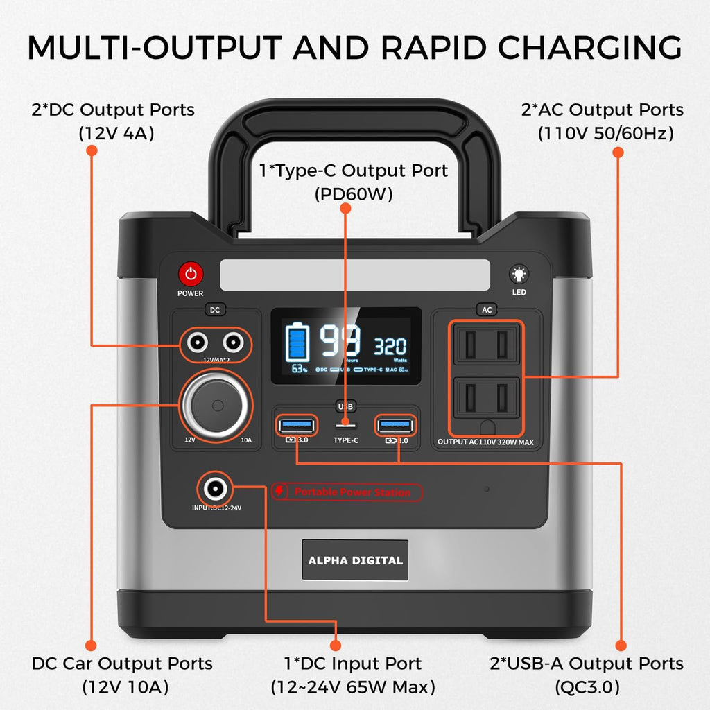 320W Outdoor Portable Power Station, 298Wh/93120mAh, LiFePO4 Lithium Battery. AC Outlet, DC Output, USB QC3.0 & Type-C, LED Flashlight. for Home, Travel, Camping