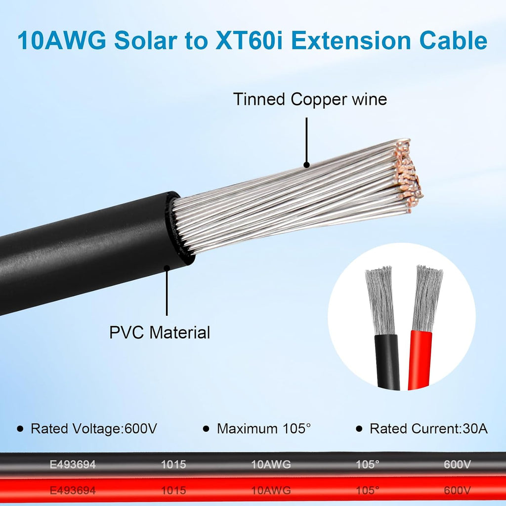 10AWG 75FT Solar to XT60i Extension Cable 3 6 10 35 50 75 100FT Heavy Duty Adapter Cable Connector XT60i Wire for Portable Power Station, Solar Panel, RV, Battery