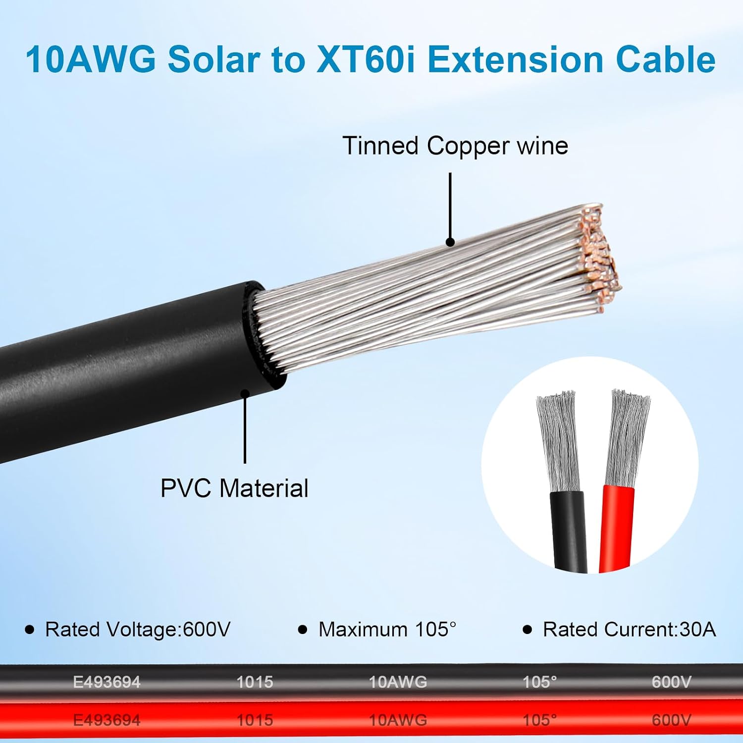10AWG 75FT Solar to XT60i Extension Cable 3 6 10 35 50 75 100FT Heavy Duty Adapter Cable Connector XT60i Wire for Portable Power Station, Solar Panel, RV, Battery