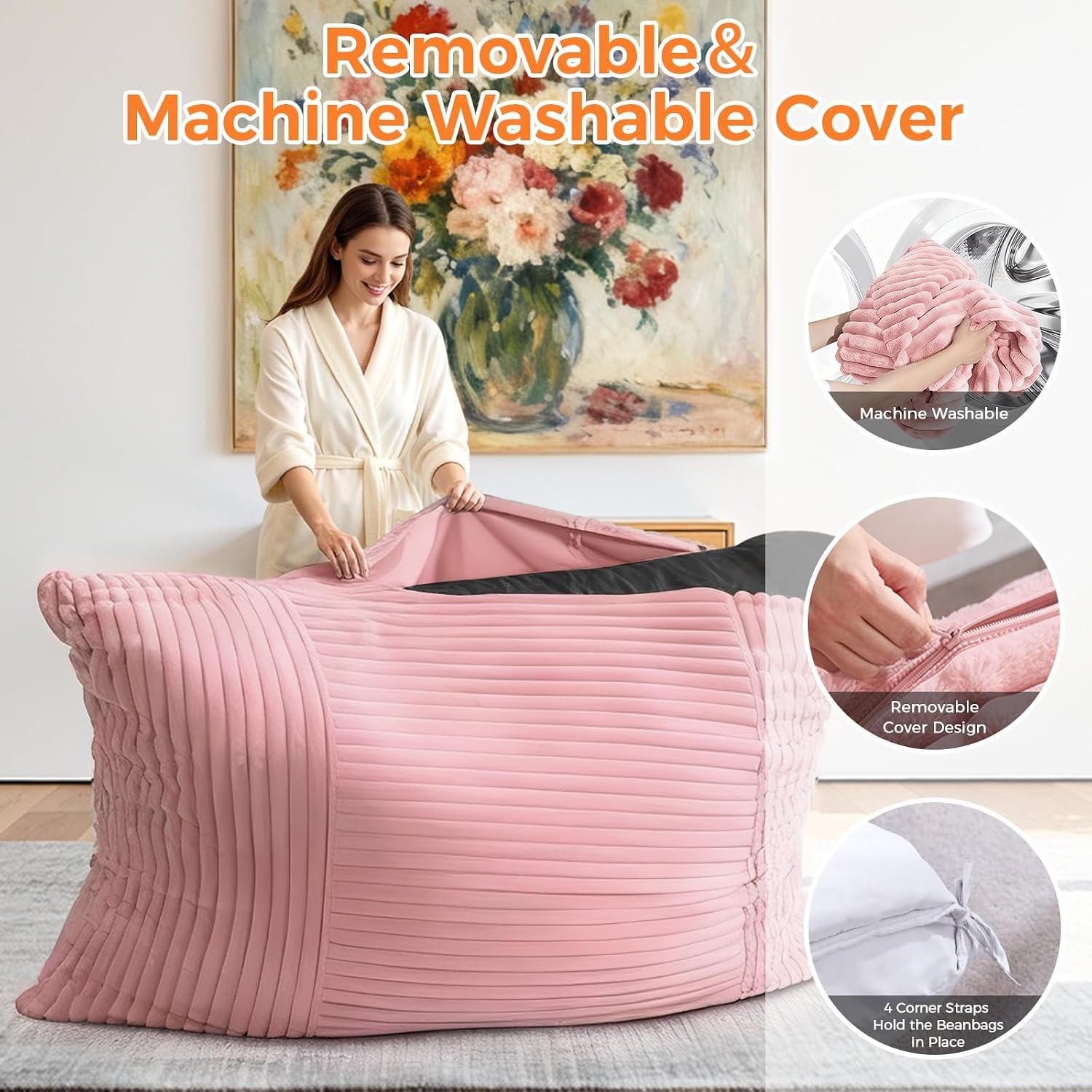 3 in 1 Giant Bean Bag Chair, Convertible Bean Bag Bed for Adults and Kids, Oversized Comfy Memory Foam Floor Sofa with Machine Washable Cover for Living Room, Bedroom & Dorm(Pink)