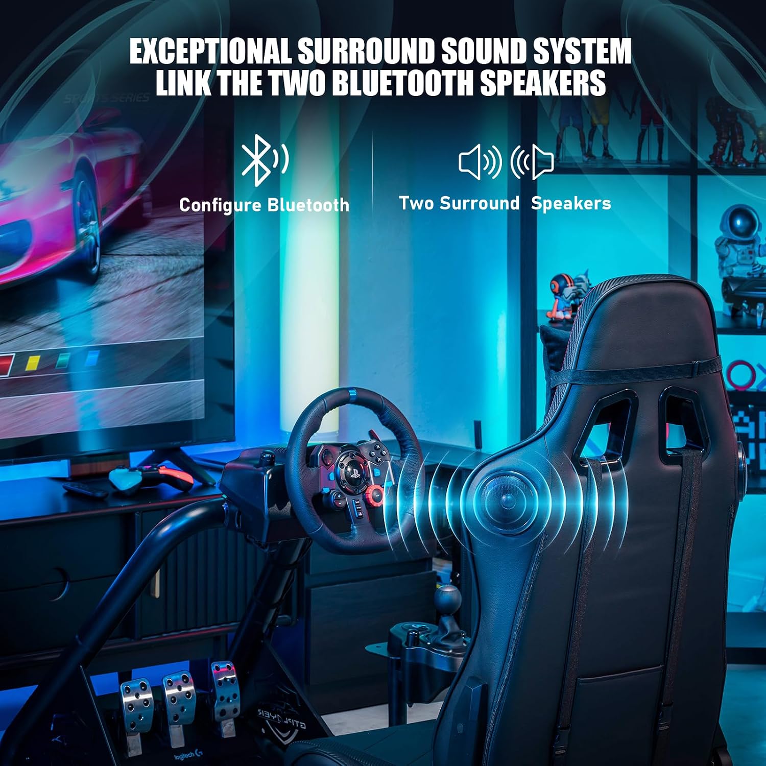GTPLAYER Racing Simulator Cockpit with Seat and Bluetooth Speakers, Racing Style Reclining Seat and Ultra-Sturdy Alloy Steel Frame (Black)