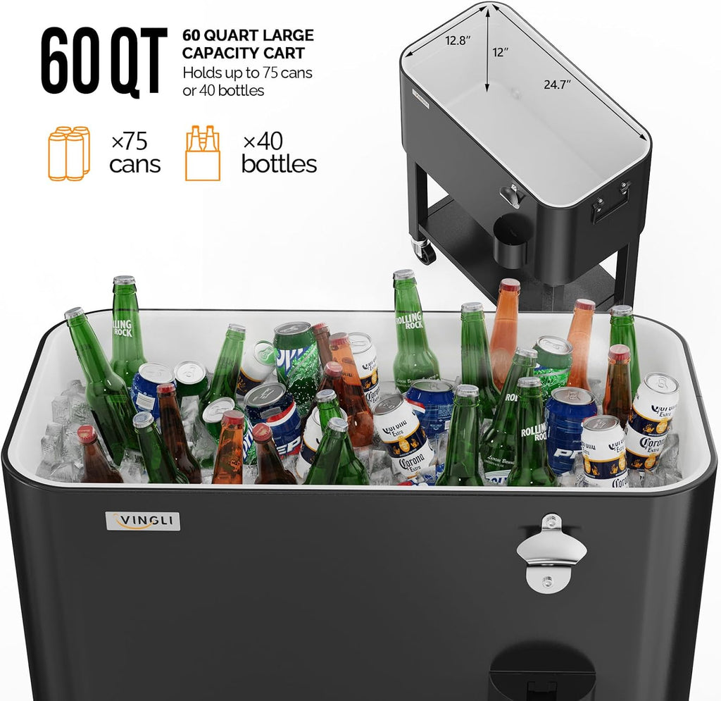 VINGLI Patio Cooler, Rolling Ice Chest on Wheels, Portable Patio Party Bar Drink Cooler Cart, with Shelf, Beverage Pool with Bottle Opener,Water Pipe