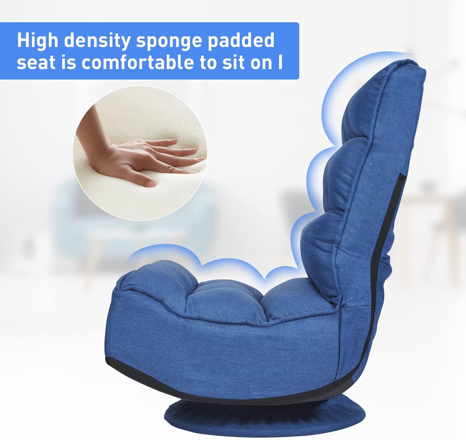 ERGOMASTER Reclining Folding Floor Gaming Chair for Home, Office and Lounging, Reading w/ 360-Degree Swivel, 5 Adjustable Positions, Tufted Cushions （Blue）