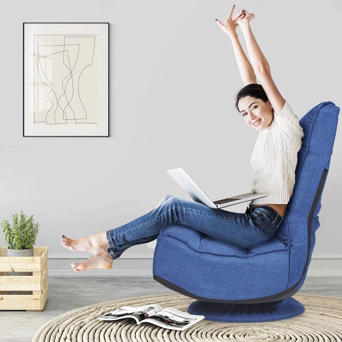 FANTASK 360 Degree Swivel Floor Chair, Folding Floor Sofa w/ 5 Adjustable Positions & Backrest, Lazy Lounge Chair for Relaxing Reading Gaming TV Watching (Navy Blue)