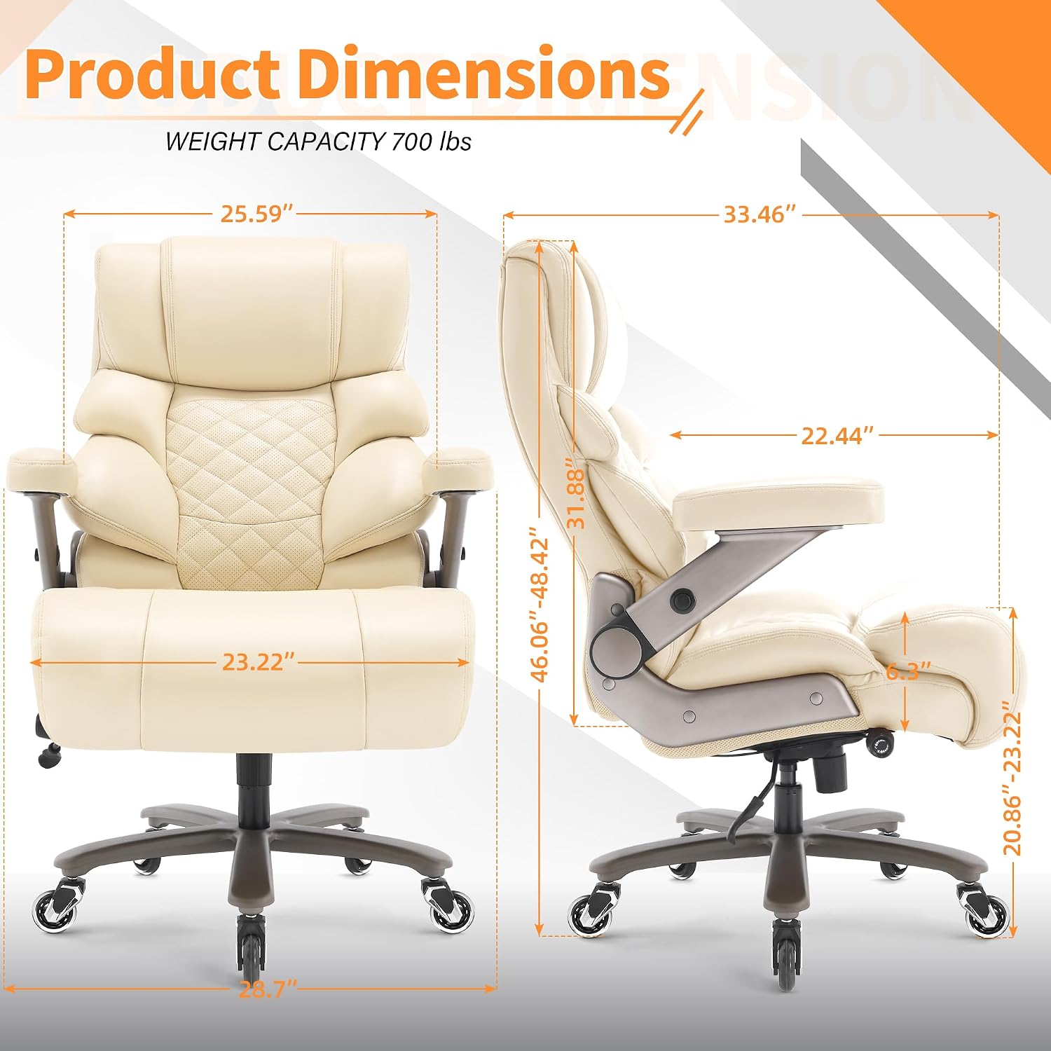 VUZI 700lbs Big and Tall Office Chair-Large Computer Chair with Adjustable Lumbar Support 3D Flip Arms Plus Size Wheels, High Back Executive Desk Chair, Heavy Duty Metal Base, Thick Padded Wide Seat