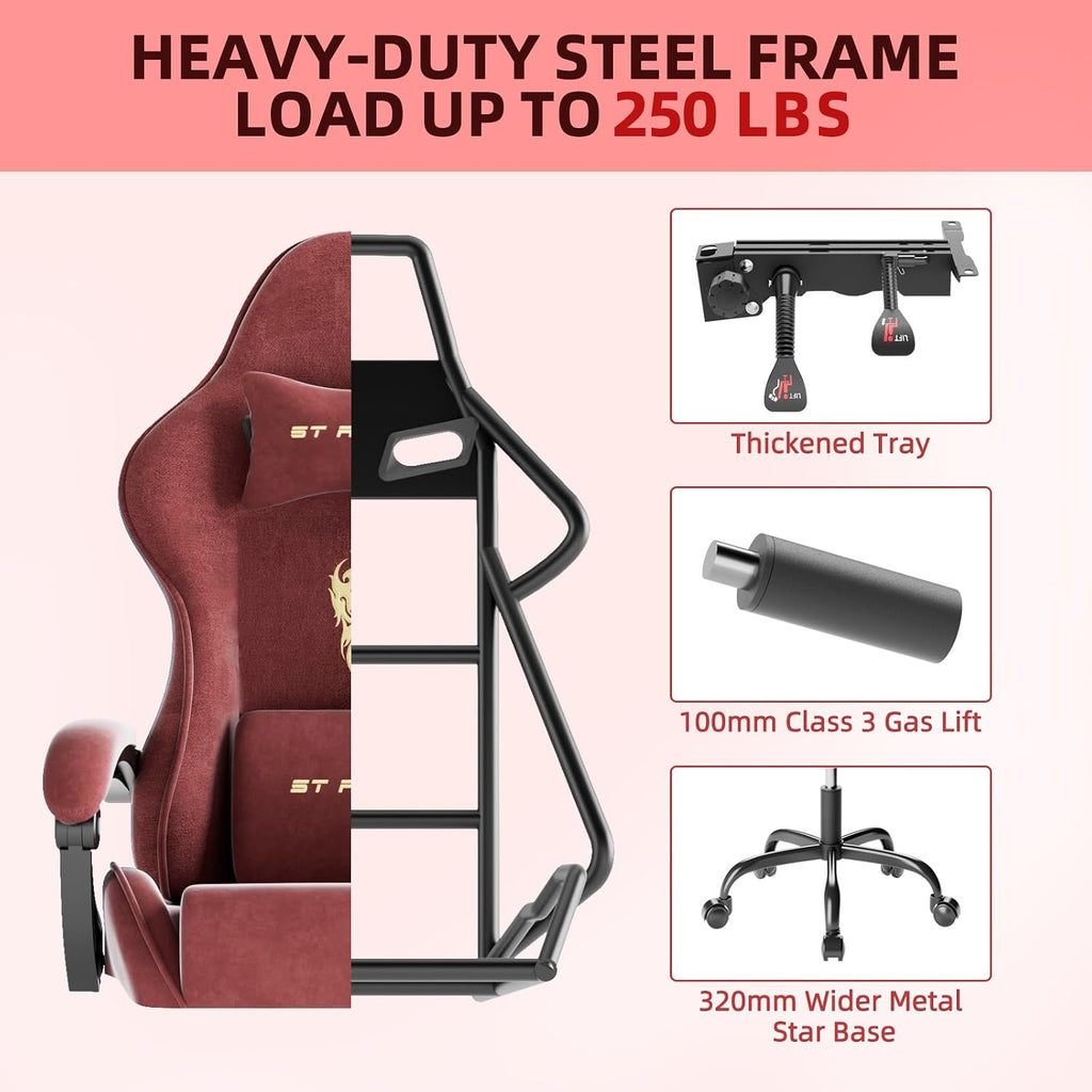 Huracan Velvet Fabric Gaming Chair with Footrest for Adults, Ergonomic Gaming Chairs with Massage Lumbar, Reclining Racing Computer Chair with Spring Cushion for Home Office Video Game, Red