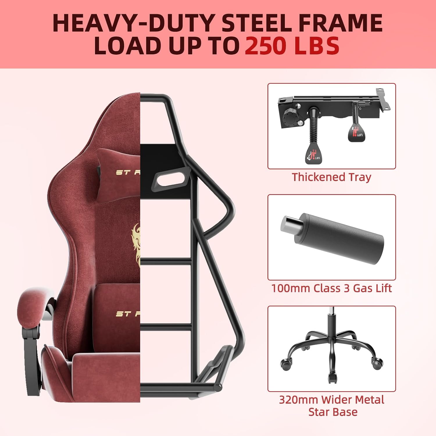 Huracan Velvet Fabric Gaming Chair with Footrest for Adults, Ergonomic Gaming Chairs with Massage Lumbar, Reclining Racing Computer Chair with Spring Cushion for Home Office Video Game, Red