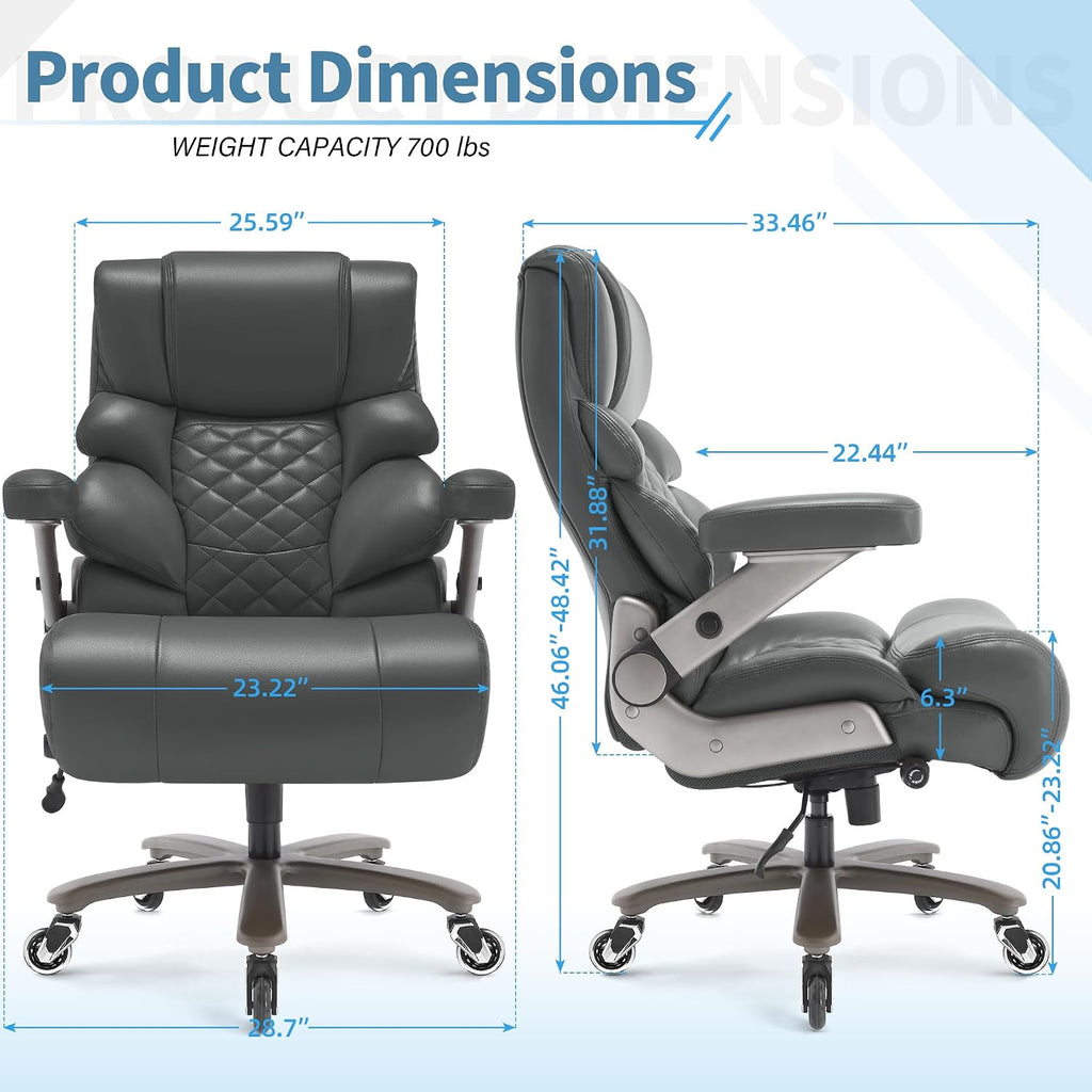 VUZI 700lbs Big and Tall Office Chair-Large Computer Chair with Adjustable Lumbar Support 3D Flip Arms Plus Size Wheels, High Back Executive Desk Chair, Heavy Duty Metal Base, Thick Padded Wide Seat