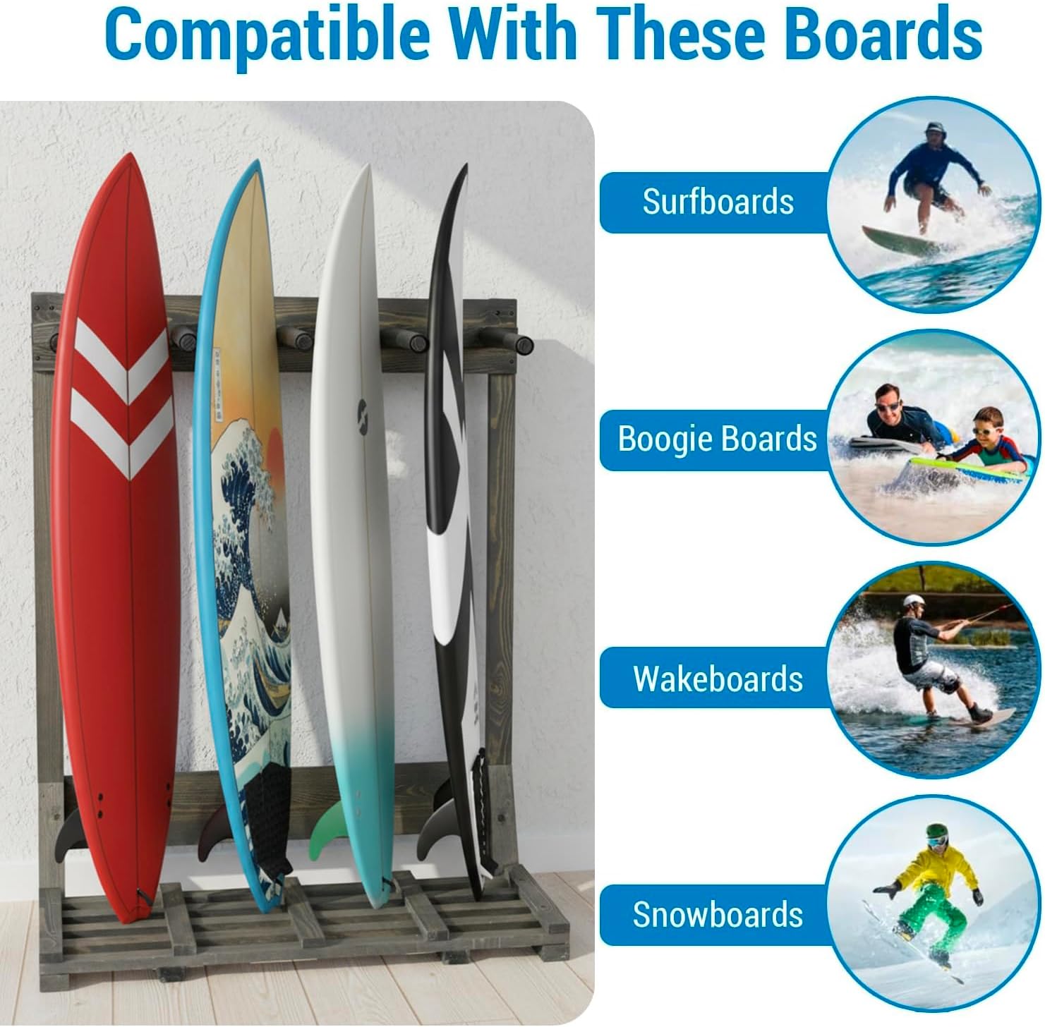 MyGift 4-Ft Tall Rustic Burnt Wood Freestanding Vertical Surfboard Rack, Wakeboard SUP Paddleboard Storage Rack - Holds up to 4 Boards