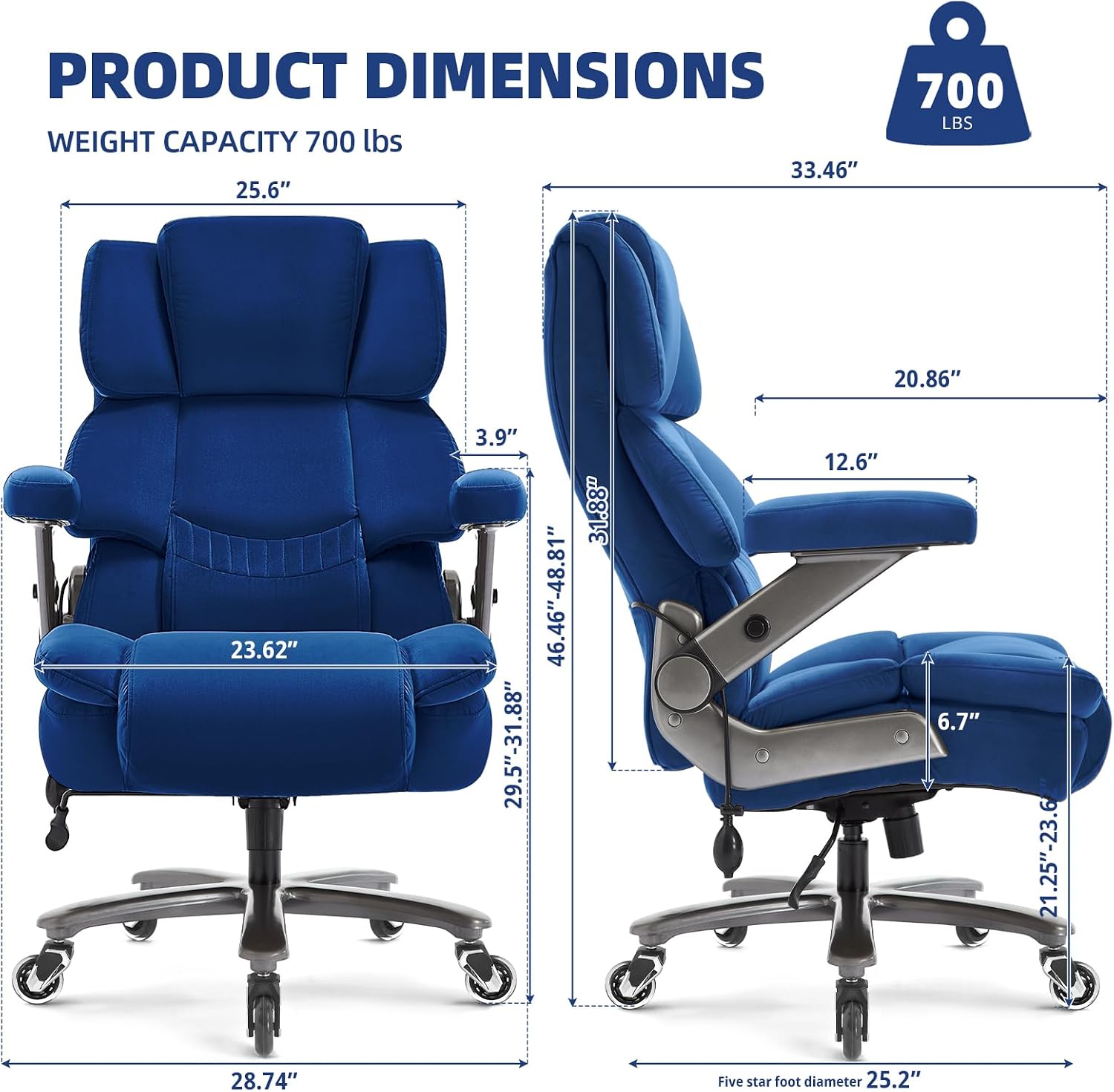 VUZI 700LBS Large Heavy Duty Office Chair with 3D Flip Arms, Big and Tall Plus Size Fabric Executive Desk Chairs, High Back Extra Wide Computer Chair with Adjustable Lumbar Support, Sturdy Metal Base