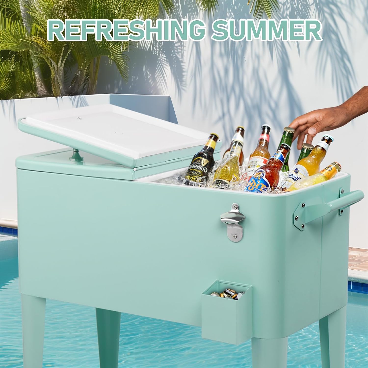 Outvita 80 Quart Rolling Ice Chest, Portable Bar Drink Cooler with Catch Basin, Bottom Storage Tray and Bottle Opener for Patio Party BBQ Beach Activities