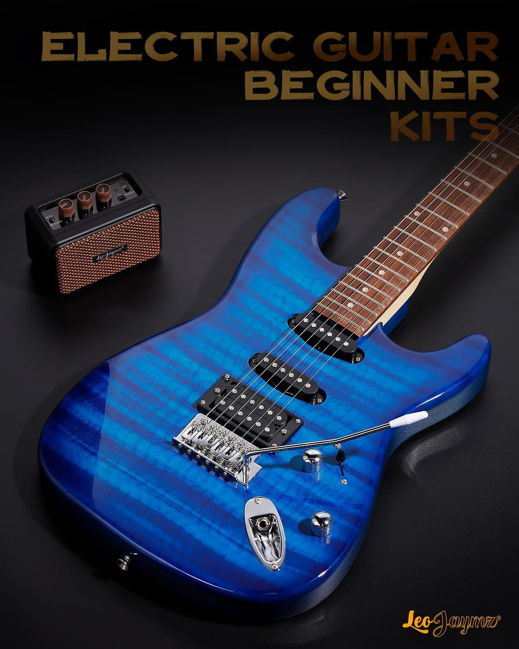 Leo Jaymz 39' Full Size ST Style Electric Guitar Starter Kit with SSH Pickup, 5W Portable Amp, Tuner, Gig Bag, Strap & Accessories(Blue Flame 5W)