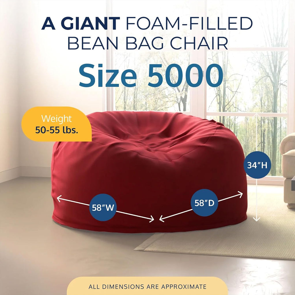 ULTIMATE SACK 5000 5-Foot Bean Bag Chair, Burgundy Suede Cover – Oversized Foam Lounger, Floor Seat, Small Sofa, or Couch Bed for Living Area, Gaming Room, or Reading Lounge