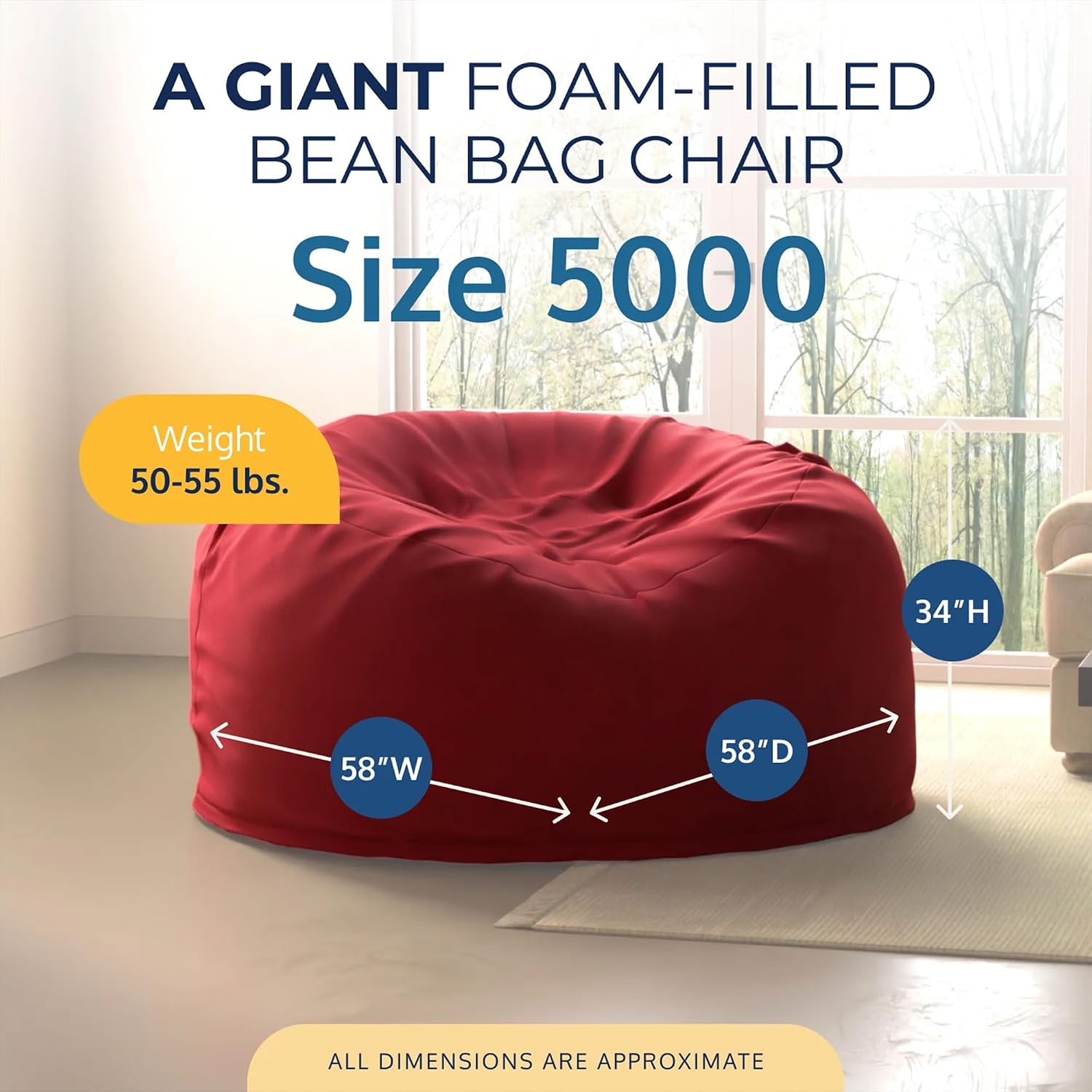 ULTIMATE SACK 5000 5-Foot Bean Bag Chair, Burgundy Suede Cover – Oversized Foam Lounger, Floor Seat, Small Sofa, or Couch Bed for Living Area, Gaming Room, or Reading Lounge