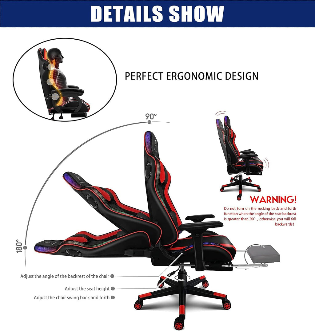 Gaming Chair,Ergonomic Gaming Chair with Speakers and LED Light High Back 7-Point Massage Game Chairs,90°-180°Reclining Gaming Chair,Adults Teens Computer Chair.,Black