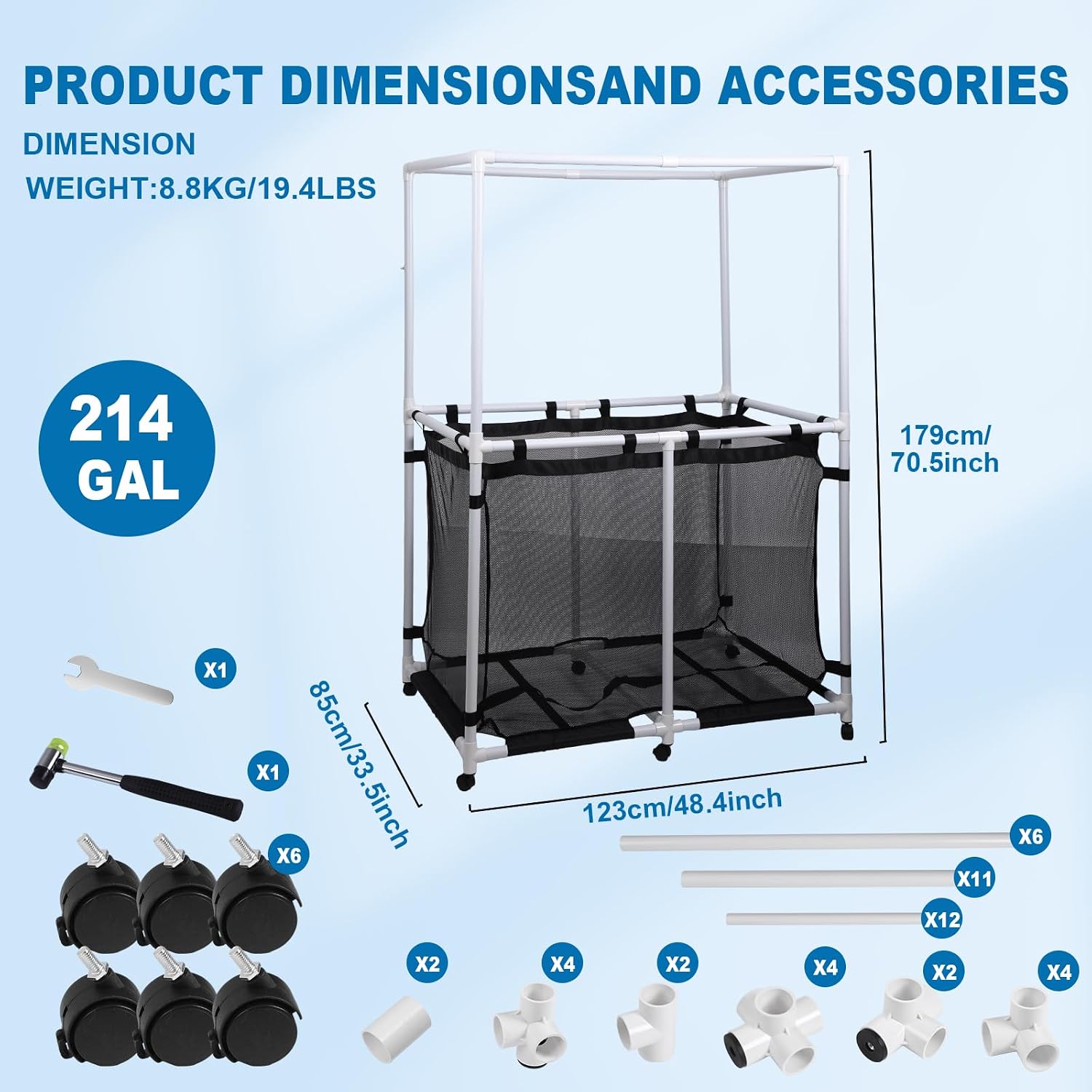 Nice C Pool Storage, Pool Noodles Holder, Pool Toy Storage, 214 Gallons 48.4'' L Extra Large, Pool Float Storage, Waterproof Pool Storage Bins, Rolling Poolside Mesh Container (Top Rack)