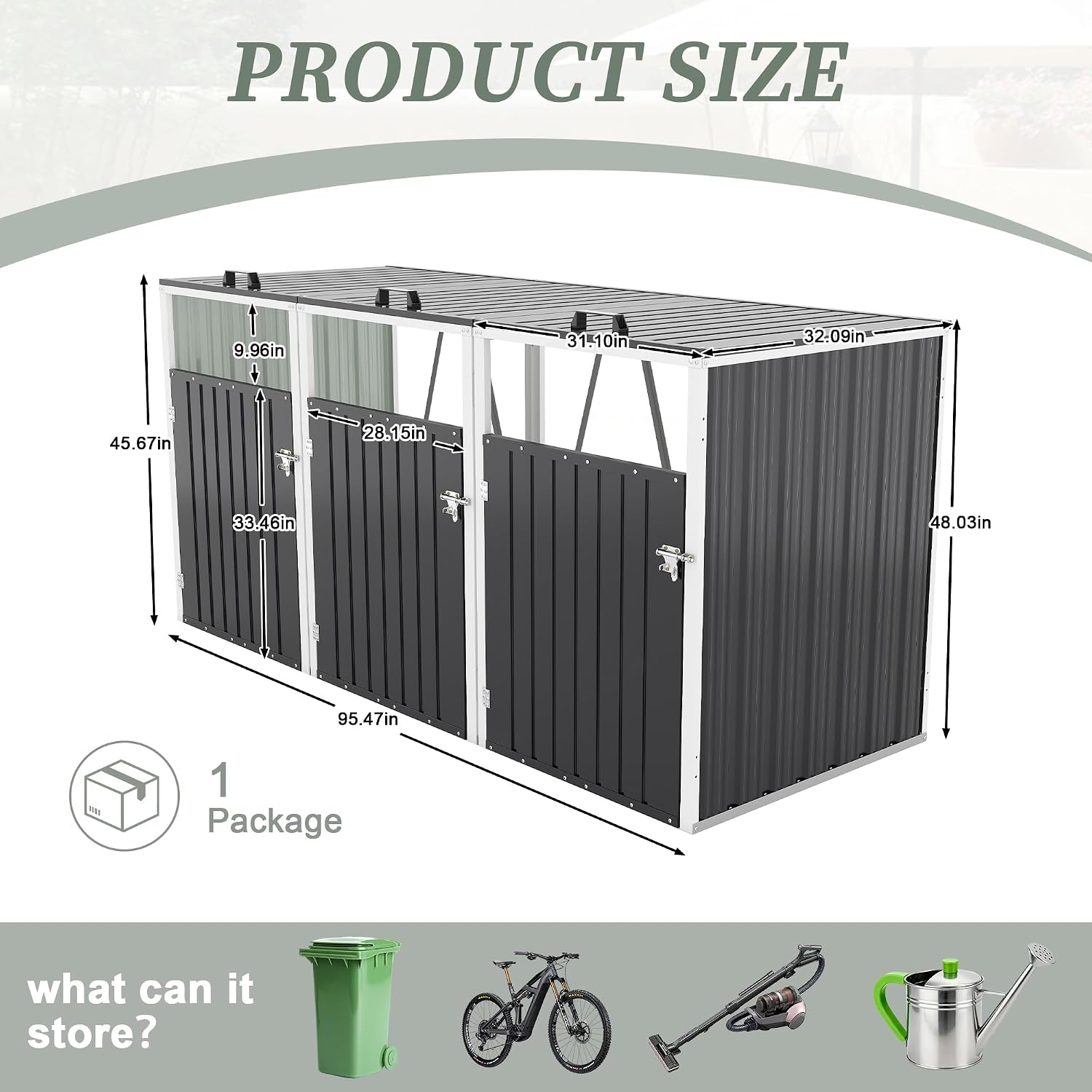 Outdoor Metal Garbage Bin Shed for 3 Trash Cans, Waterproof Galvanized Steel Double Trash Can Storage Shed with Hydraulic Lid, Lockable Door & Large Capacity for Garden Yard Patio, Dark Gray