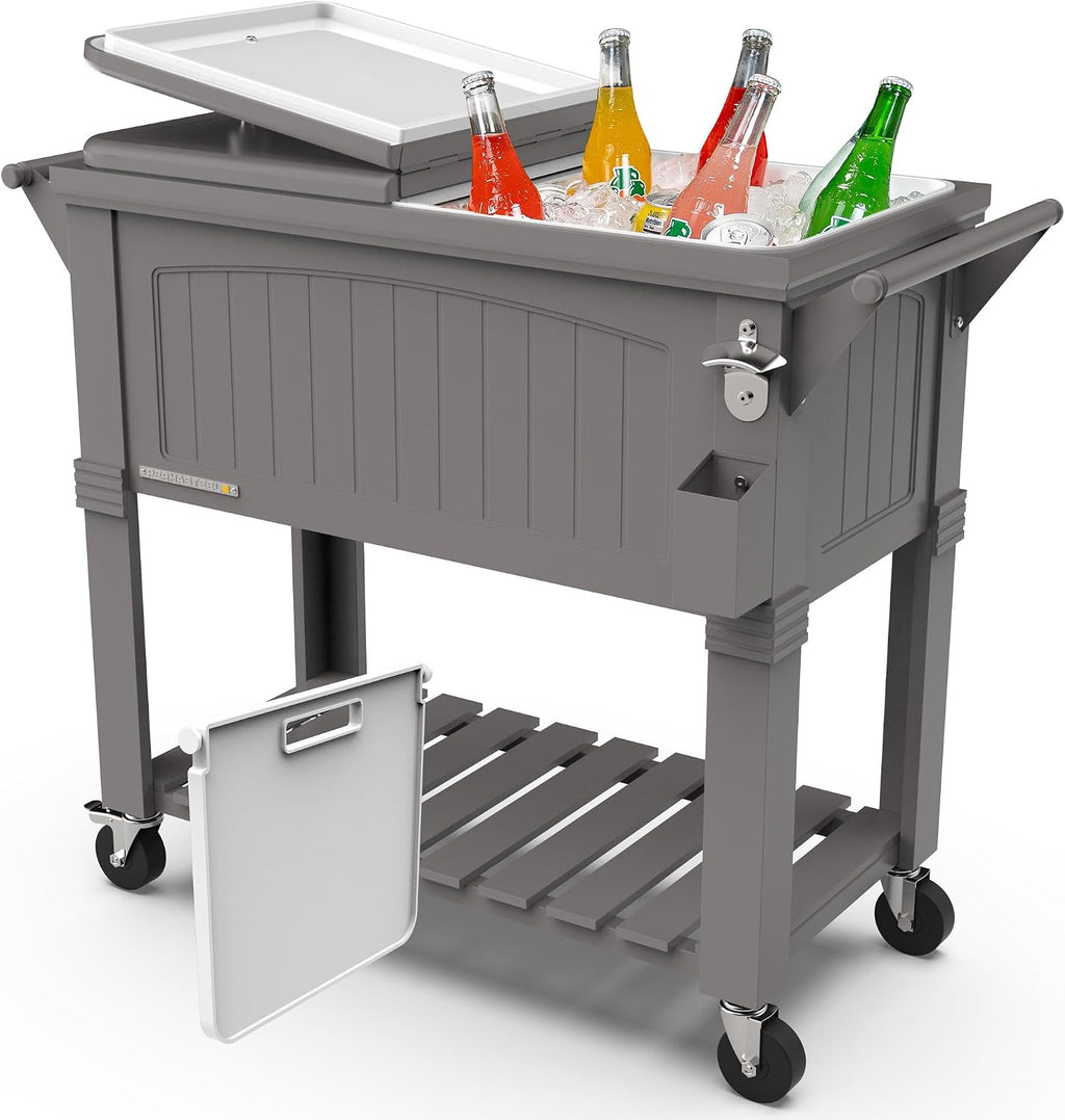 Permasteel Party Cooler with Divider, Spacious 80-Qt Capacity, Chills 36hrs, Serving Tray, Rolling Ice Chest for Indoor and Outdoor Entertainment, Matte Gray