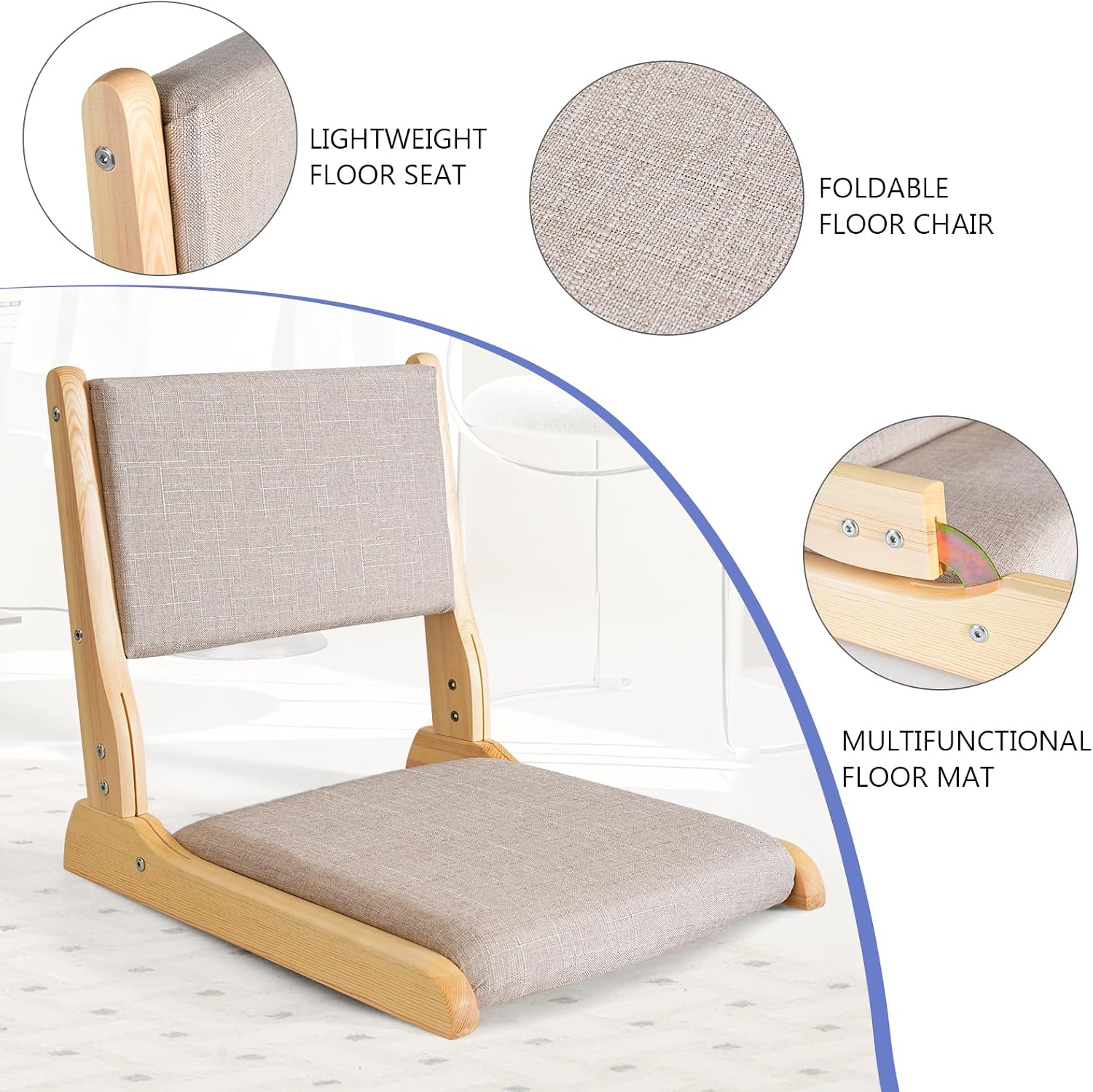 Japanese Floor Chair with Back Support, Foldable Meditation Chair, Legless Tatami Chair with Cushion, Floor Seat for Living Room, Bedroom, Bay Window (2, Gray)
