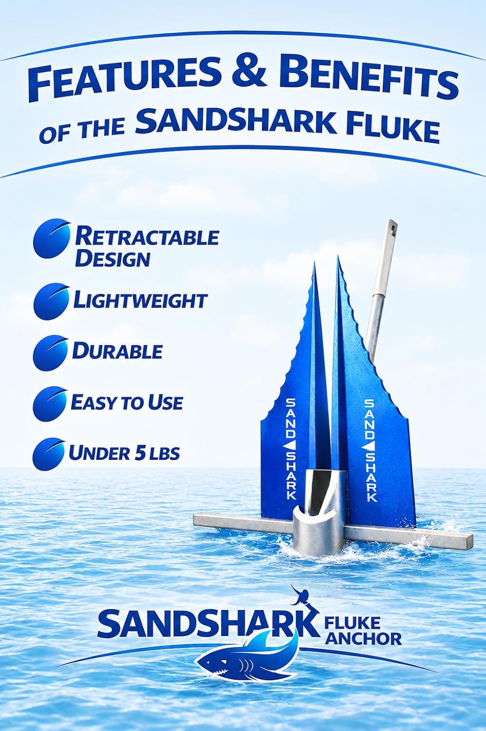 SandShark Premium Fluke Anchor-Retractable Shaft Easy Storage-Aluminum Pontoon Boat Anchor, Jet Ski Anchor. Boats<30 ft. Sand Anchor for Boat, Boat Anchor.