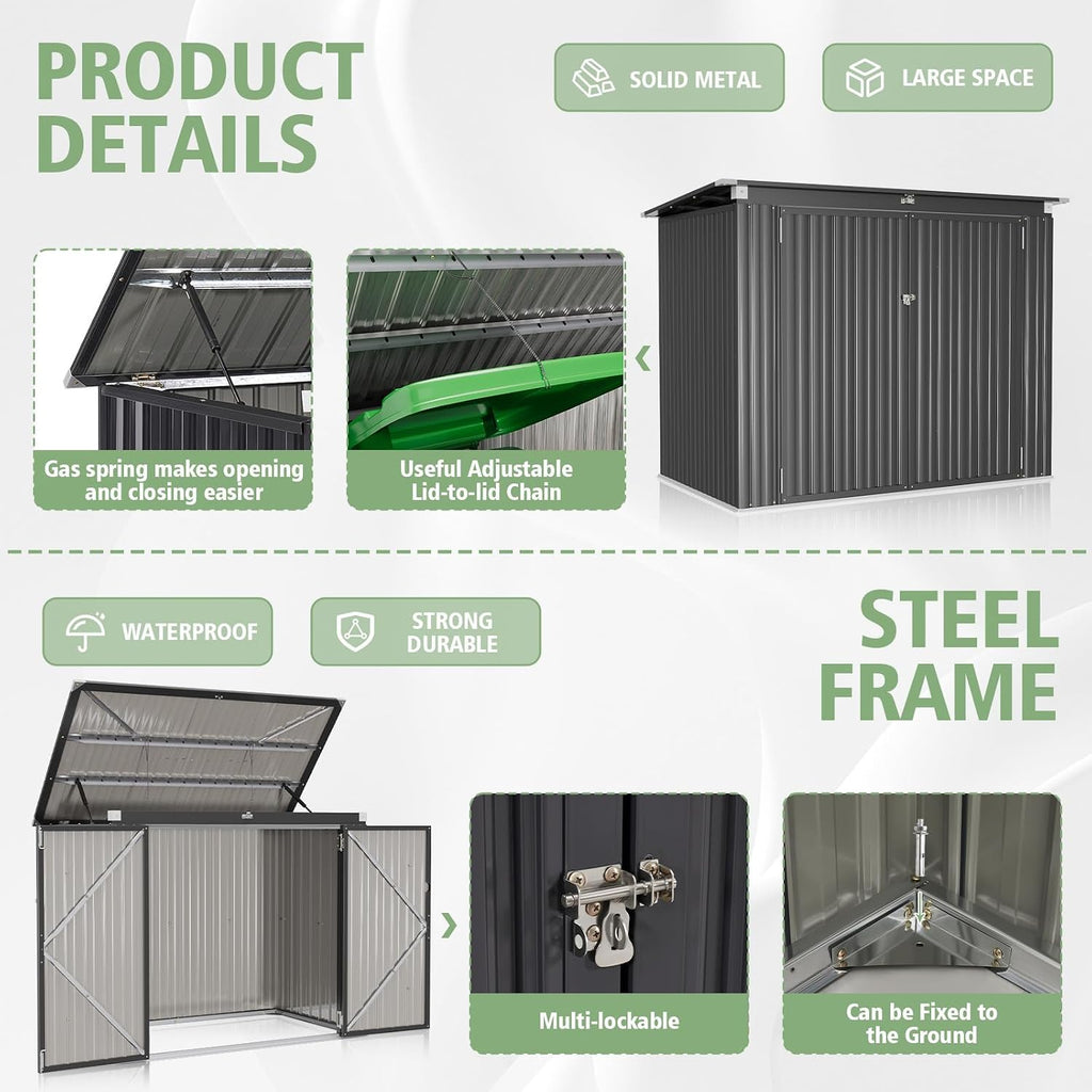 79 Cu. Ft Premium Storage Shed 3.3 x 5.6 FT Outside Metal Trash Shed Waterproof Outside Storage with Lid Chain Storage Trash Can Weeding Tools, for Garden, Backyard, Patio (Black)