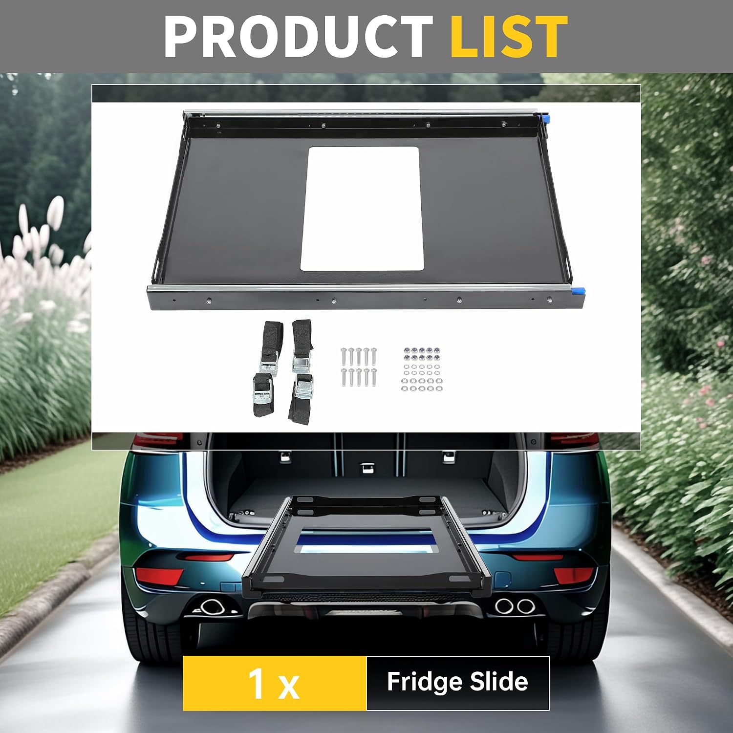 KUAFU Fridge Slide (Inner 29.3 x 18.7in) Compatible with 28 to 65L Fridges/Coolers, Universal Portable Vehicle Refrigerator Freezer Slide Mount, W/4 Buckle Straps, 280 LBS