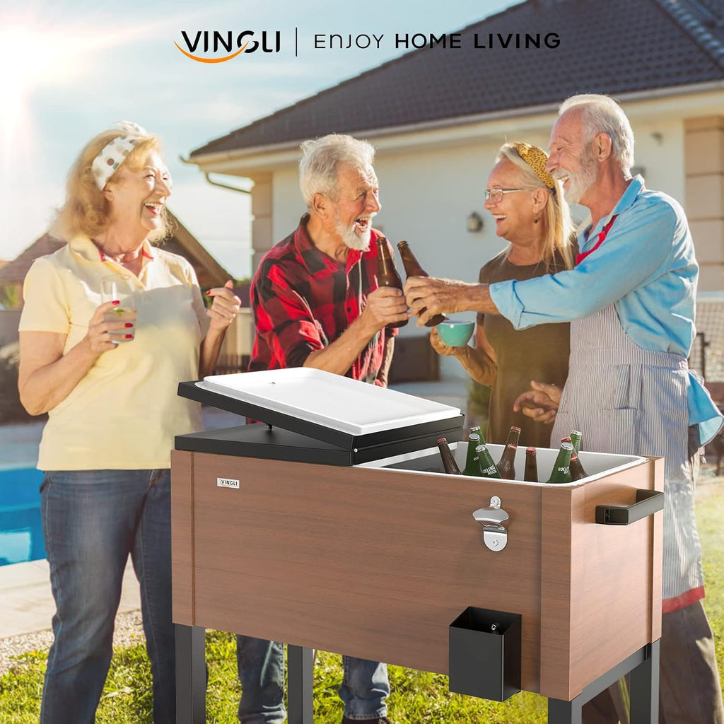 VINGLI 80 Quart Rolling Ice Chest on Wheels, Patio Cooler Cart, Beverage Rolling Cooler for Outdoor Patio Deck Party