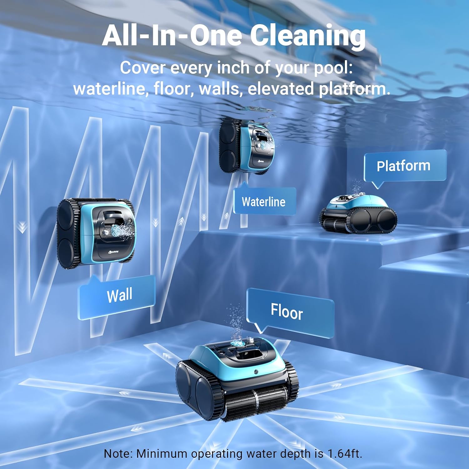 Pool Vacuum for Inground Pools, 4-in-1 Cordless Robotic Pool Cleaner for Above Ground Pools,Triple-Motors,Wall & Waterline Cleaning, App Support, OTA Upgrade up to 1,614 Sq.ft (Blue Black)