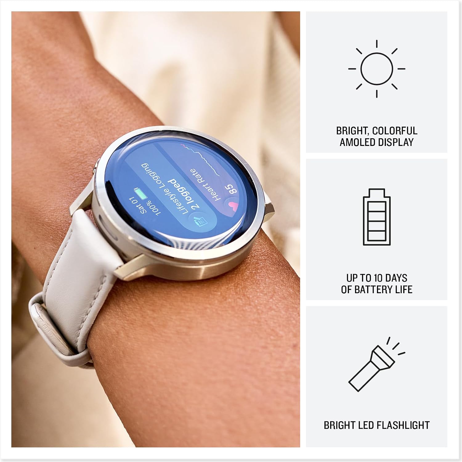 Garmin Venu 4, 41mm, Advanced Fitness and Multisport GPS Smartwatch, 1.2' AMOLED Display, Built-in Flashlight, 10 Days of Battery Life, Lunar Gold with Light Sand Leather Band
