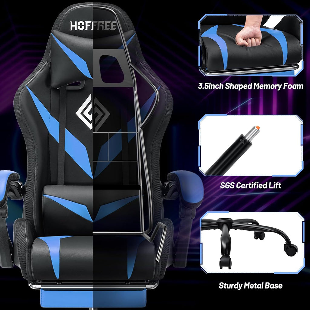 HOFFREE Gaming Chair with Massage and LED Lights Ergonomic Video Game Chairs with Footrest High Back Reclining Computer Chair with Adjustable Lumbar Support Blue and Black