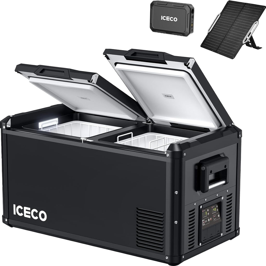 ICECO VL75ProD Portable Refrigerator, 12v Dual Zone Fridge Freezer with SECOP, 79Qt 12V Car Freezer with Reversible Lid, 0°F to 50°F, Car Fridge Portable AC/DC| With Battery+Solar Panel