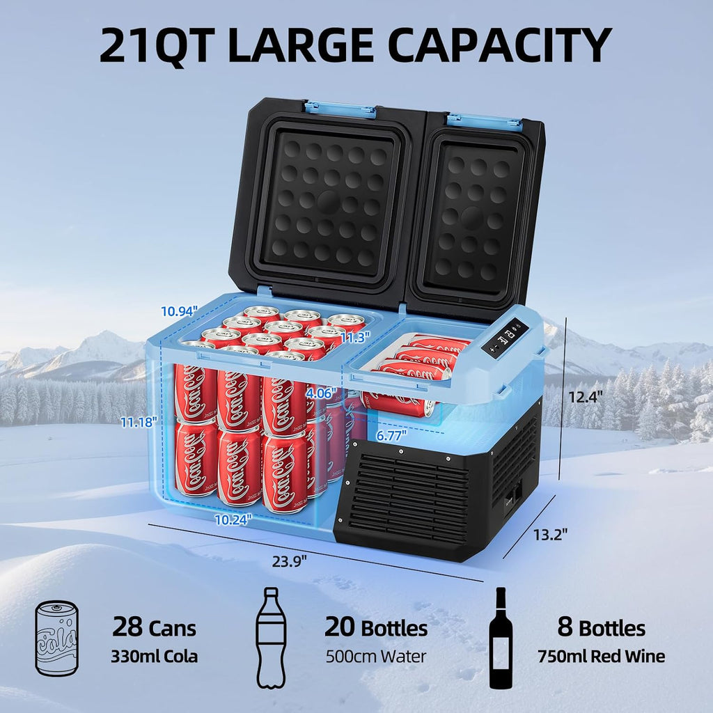25L Car Refrigerator Freezer, 27QT Dual-Compartment Portable Cooler with Reversible Door, 100–240V AC / 12V / 24V DC Powered, Touchscreen Control, LED Light, -4℉ to 68℉, Ice Blue