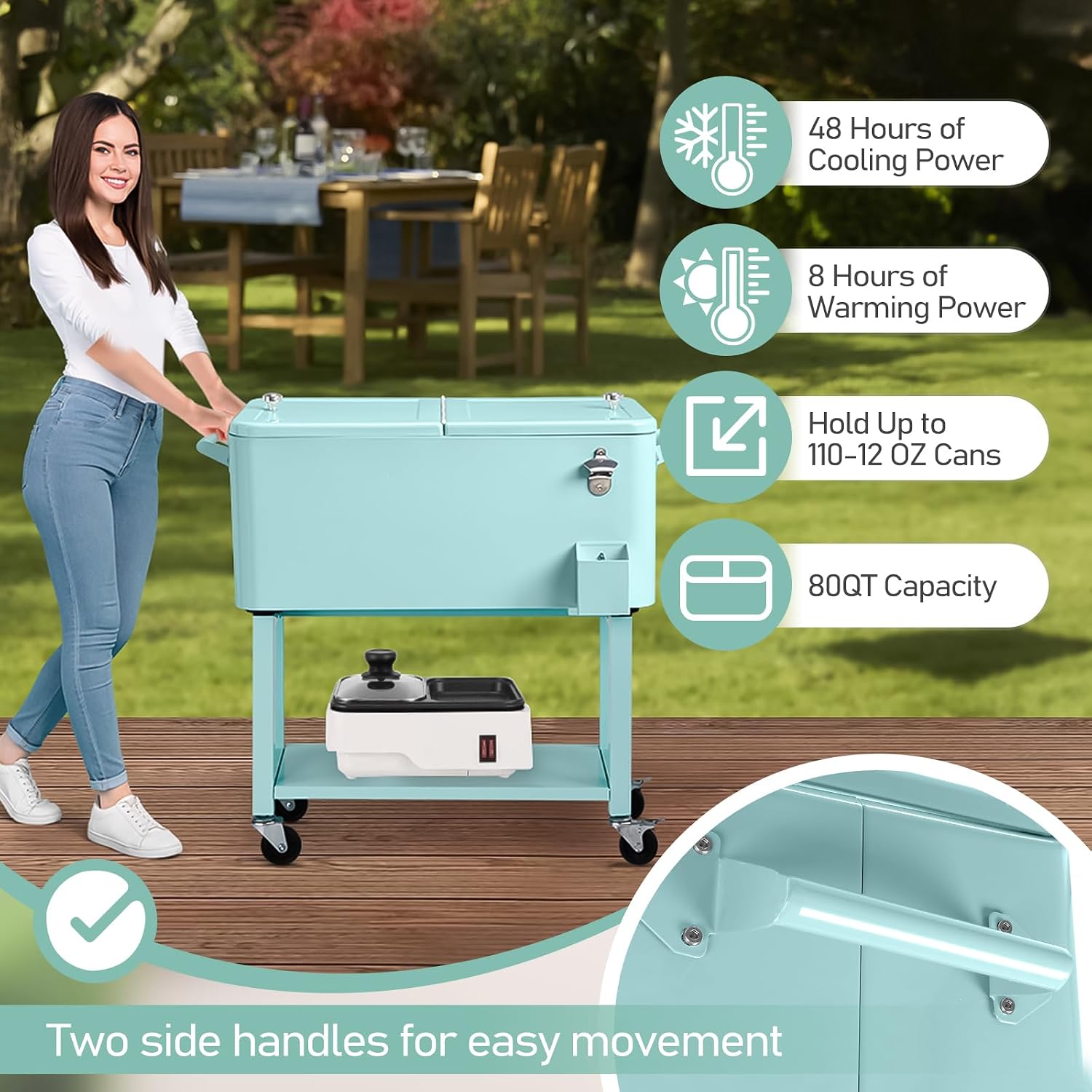 Outvita 80 Quart Rolling Ice Chest, Portable Bar Drink Cooler with Catch Basin, Bottom Storage Tray and Bottle Opener for Patio Party BBQ Beach Activities