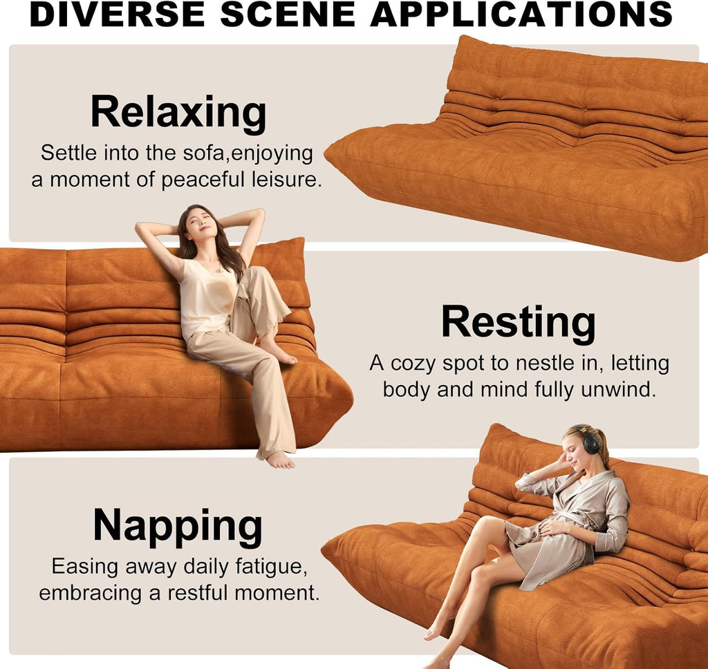 Full Foam Three Seater Sofa – Bean Bag Chairs Floor Couch for Adults, Waterproof Upholstery, Armless Fireside Lounge Chair for Living Room, Apartment, or Office (DarkOrange)