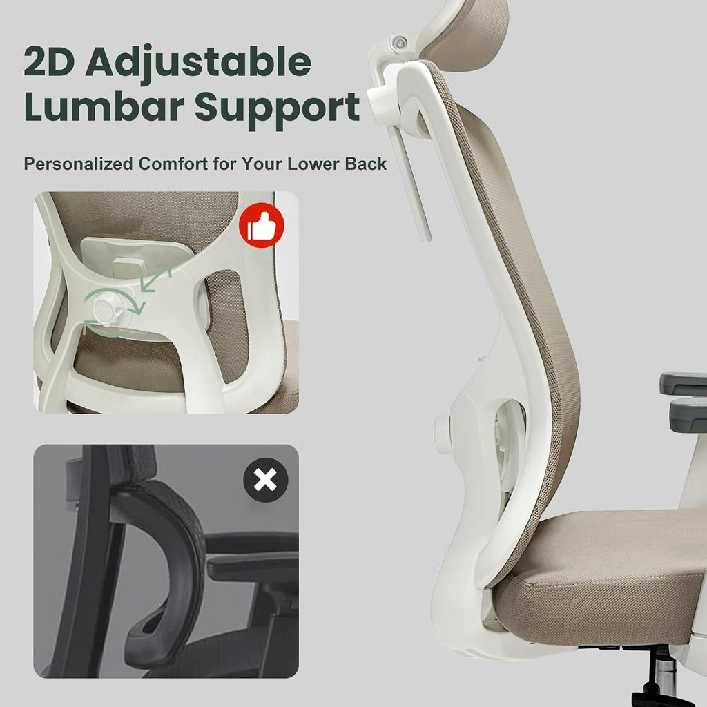 Ergonomic Office Chair - 350LB Mesh Office Chair with Adjustable Lumbar, High Back Computer Chair with 3D Armrests, Comfy Chair with 2D Headrest & Tilt Function for Study, Work, Gaming