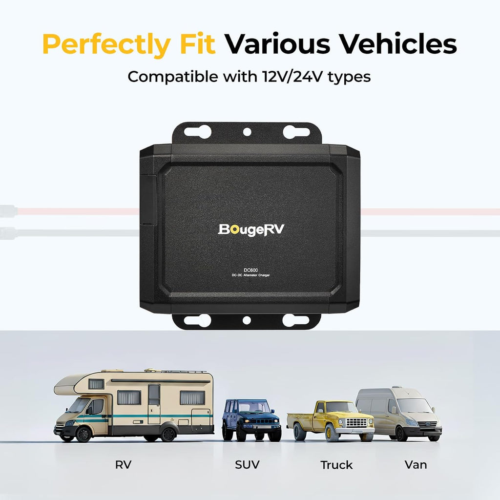 BougeRV 600W DC-DC Alternator Charger for Portable Power Stations, 12V/24V Charger, 6X Faster Than Cigarette Charger, Compatible with 99% Solar Generators, Perfect for RV, Overlanding, Road Trips