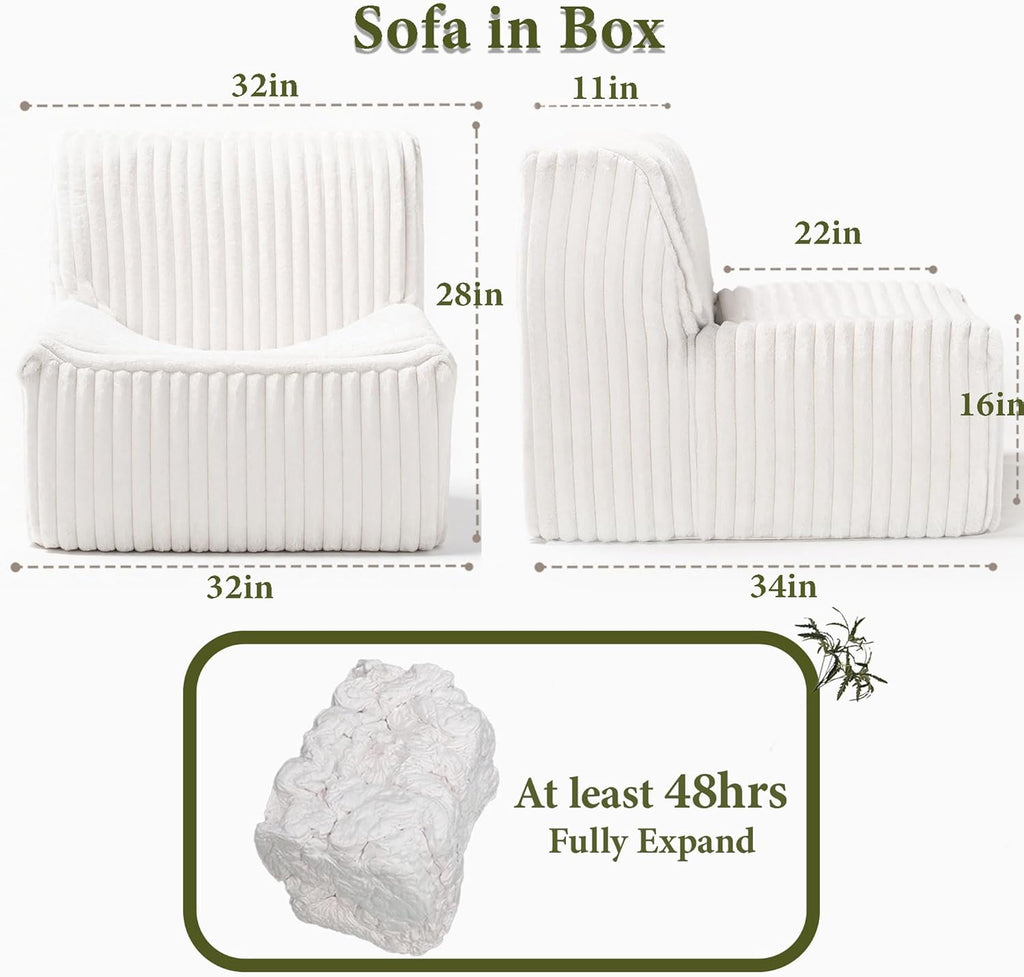 Trenda 32'' Comfy Bedroom Chair for Adult, Boneless Space-Saving Accent Chairs with Spacious Seating, Soft Faux Fur Cover, Ideal Floor Couch for Living Room,College, Dorm to Reading (White)
