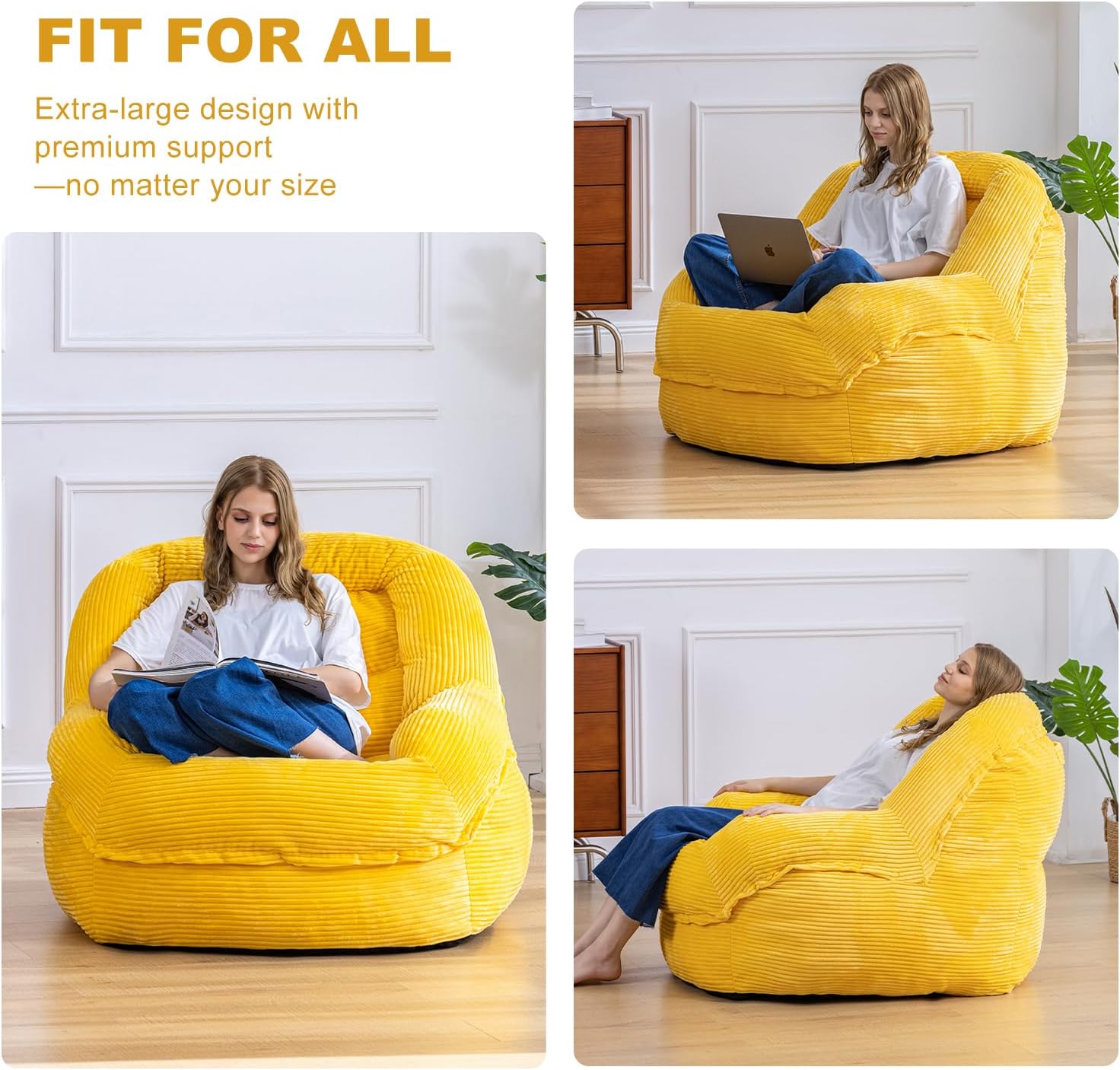 Giant Bean Bag Chair with Armrests - Oversized Cozy Seating for Adults, Corduroy Fabric & High-Resilience Foam Filling, Ideal Lounge for Living Room, Bedroom & Gaming Room (Corn Yellow)