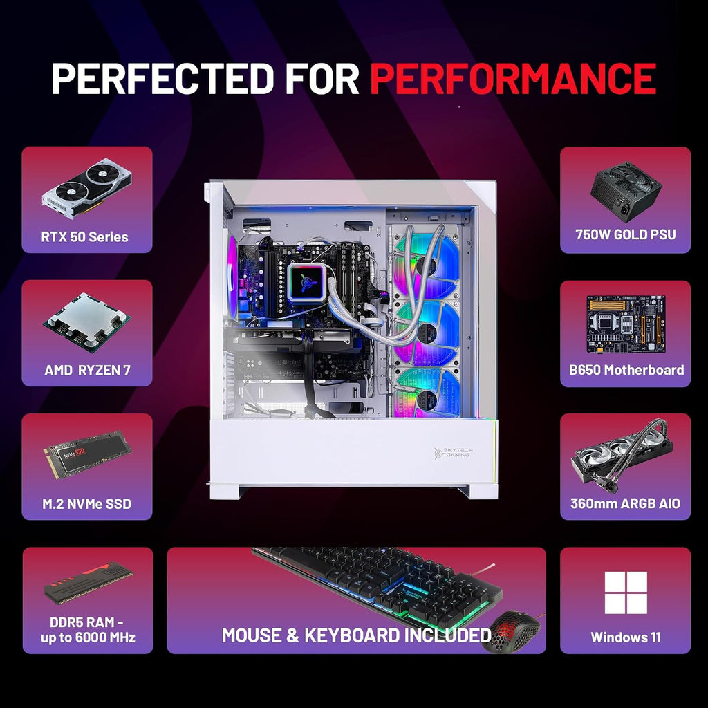 Skytech Gaming Archangel 5 Gaming PC, AMD Ryzen 7 9800X3D 4.7GHz, NVIDIA RTX 5070 12GB VRAM, 2TB Gen4 NVMe SSD, 32GB DDR5 RAM 6000, 750W Gold PSU, 360 ARGB AIO, WI-FI 5, Windows 11, Desktop