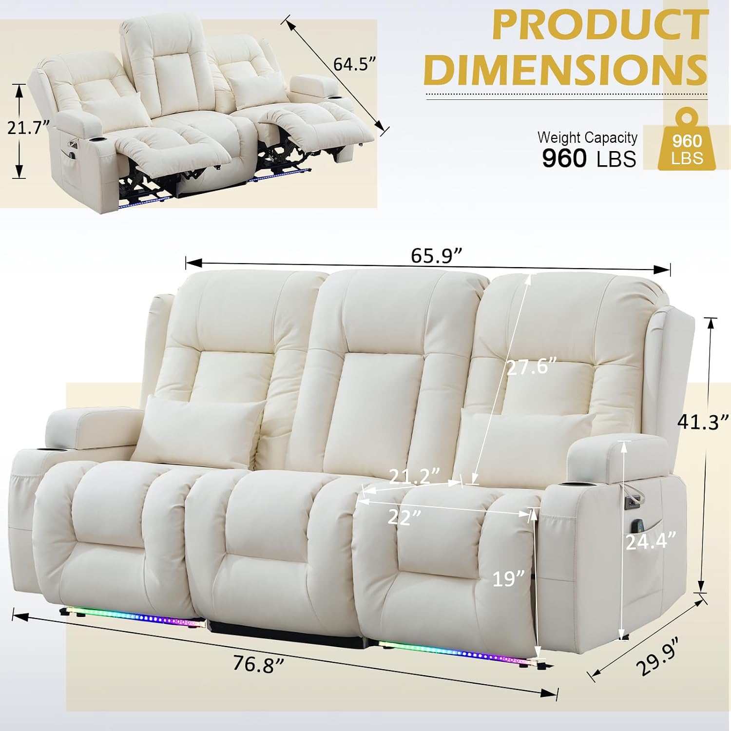 Loveseat Recliner Sofa, Leather Sofa with Massage & Heating, Home Theater Seating Power Reclining Loveseat with Outlet/LED Light/Cup Holders/Lumbar Pillows (Beige, 3 Seat)