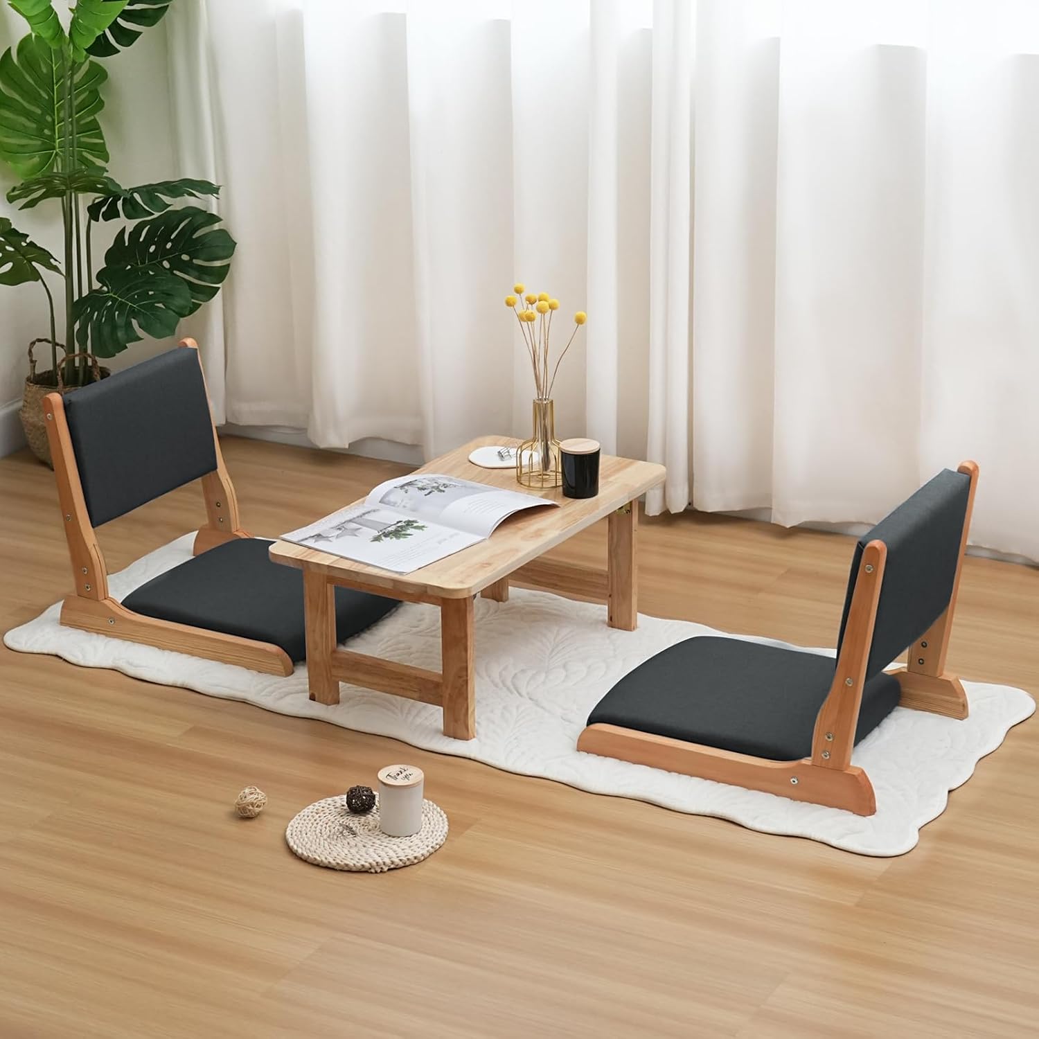 Japanese Floor Chair with Back Support, Foldable Meditation Chair, Legless Tatami Chair with Cushion, Floor Seat for Living Room, Bedroom, Bay Window (2, Black) (2, Black)