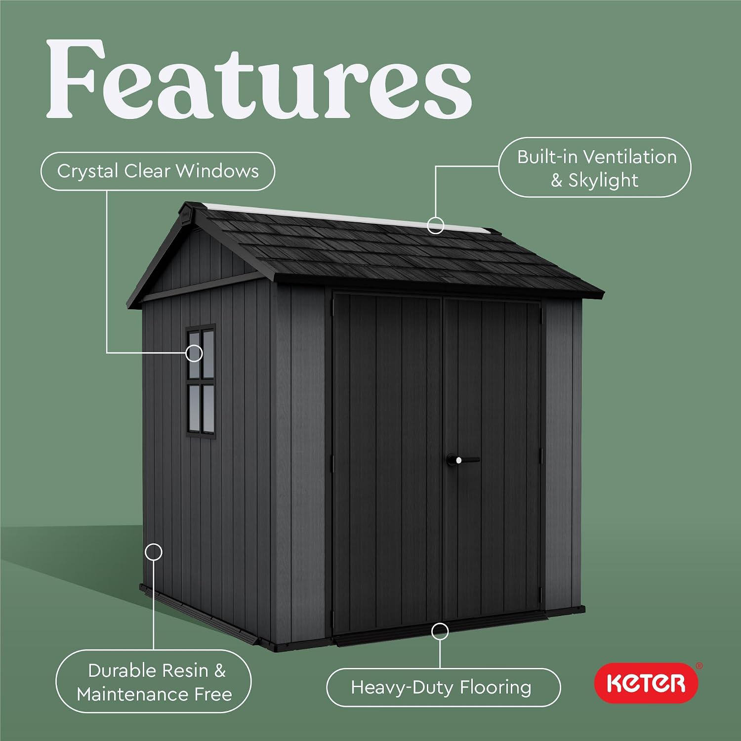 Keter Newton Plus 7.5x7 Ft All-Weather Storage Shed with Skylight, Window, Built-in Ventilation, Customizable Walls, & Lockable Double Doors, Graphite