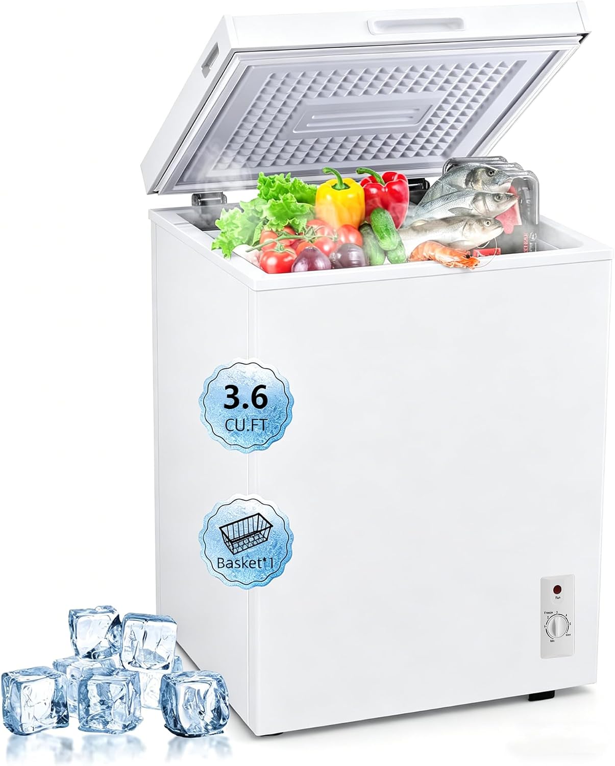 Compact Deep Freezer, 3.6 Cu Ft Chest Freezer with 6 Adjustable Thermostat, Top Open Door Freezer with Removable Basket, Energy Saving Freezer for Home, Apartment, Office, White