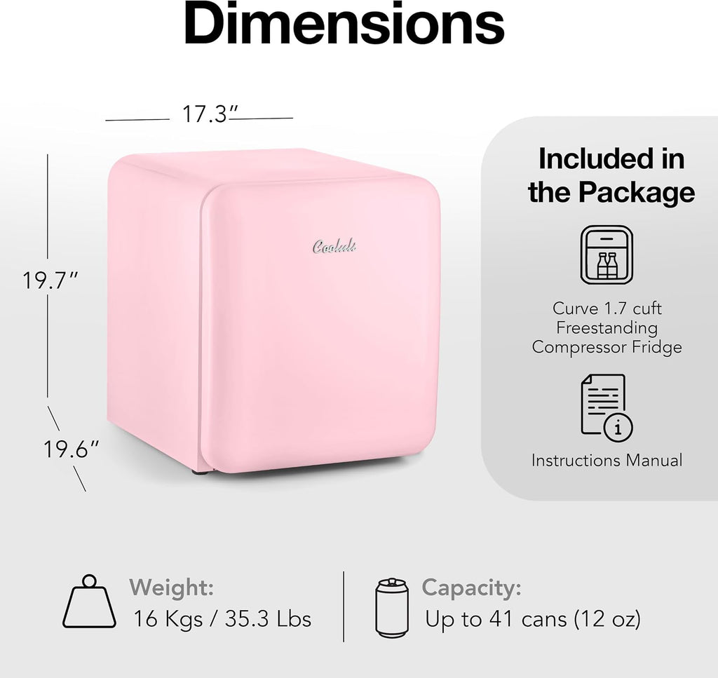 Cooluli Curve 1.7 cu ft Mini Fridge - Small Refrigerator for Bedroom, Office, College Dorm Room - Smart Temperature Control (Pink, 1.7 cu.ft)