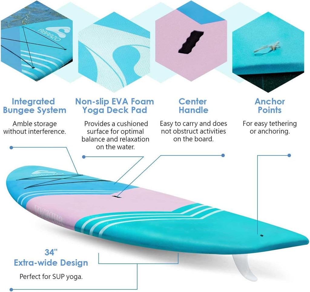 Abrazo YOGAqua 10'6' x 34' x 5' Rigid Stand Up Paddle Board, Extra Wide Hardboard Designed by Yoga Guru, Versatile Yoga SUP with Paddle/Ankle Leash/Bottom Fin, Non-Slip EVA Deck, Encased in Fiberglass