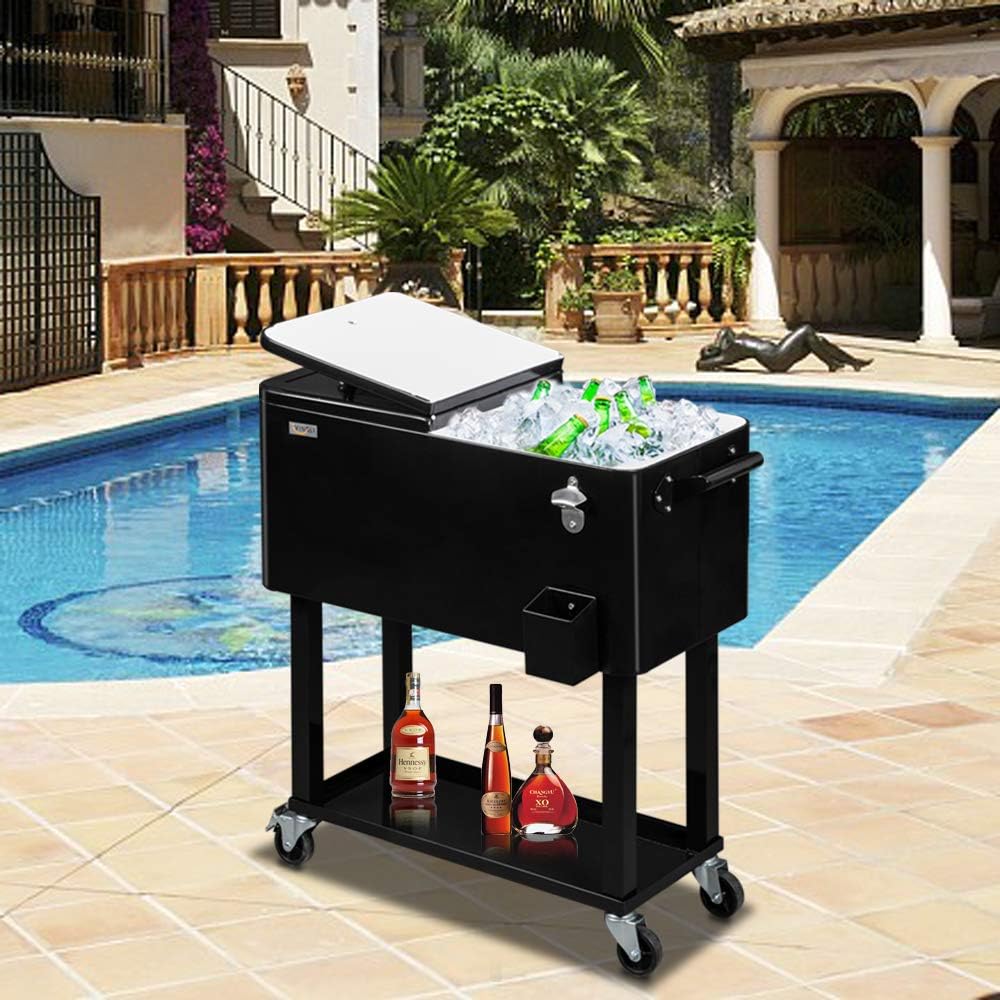 VINGLI Rolling Ice Chest, Portable Patio Party Bar Drink Cooler Cart, with Shelf, Beverage Pool with Bottle Opener