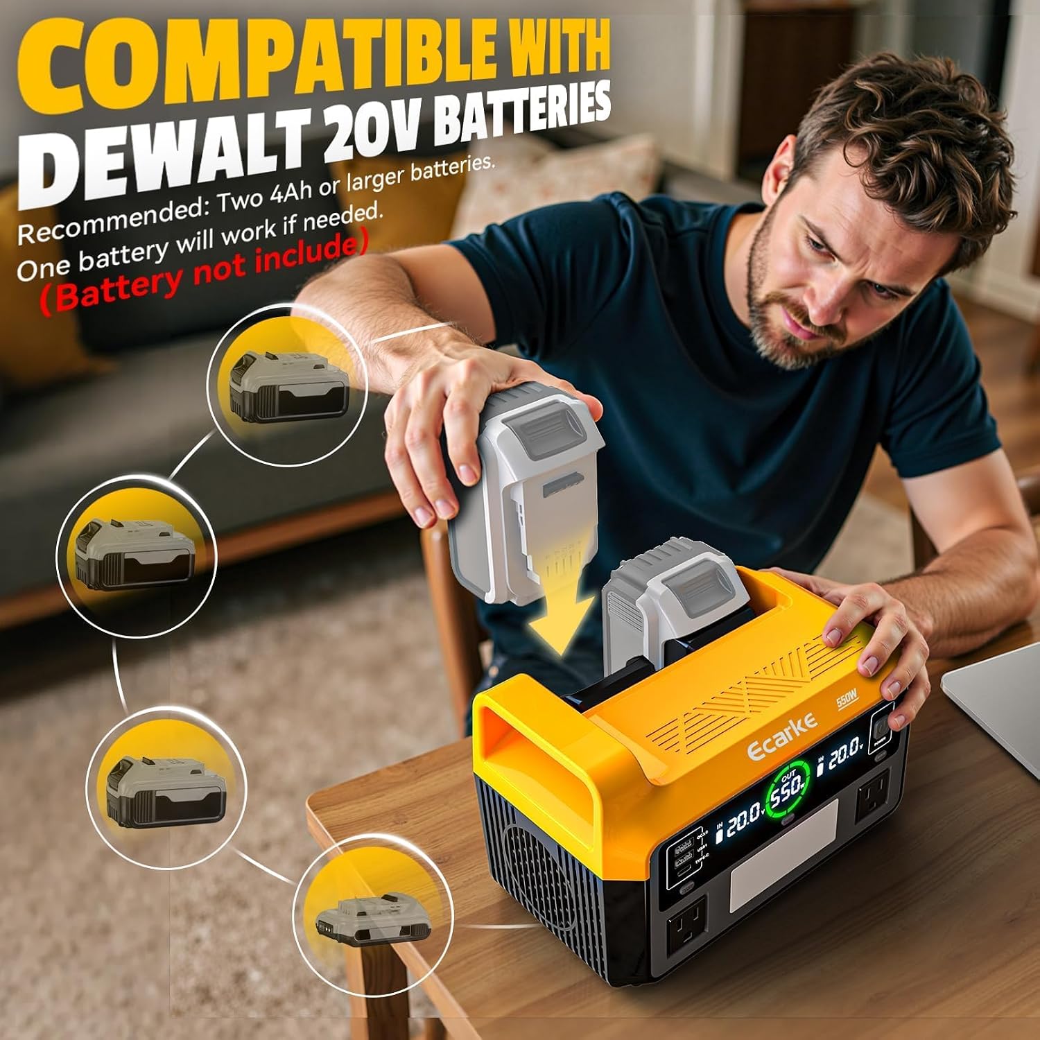 Ecarke 550W Portable Power Inverter Compatible with DeWalt 20V Battery, DC 18V to AC 110V Pure Sine Wave Power Station 2 AC Outlets,2 USB-A&1 USB-C 20W, 600LM LED Outdoor Emergency Use(No Battery)
